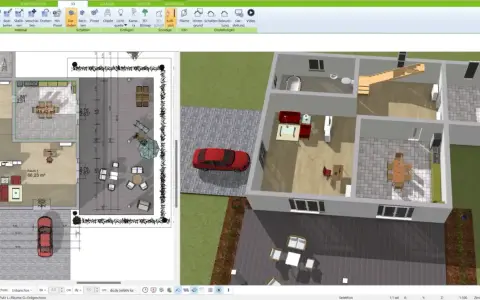 Der 3D-Grundriss eines Atriumhauses zeigt Wohnräume, Terrasse und Garten. Ein rotes Auto parkt vor dem Haus.