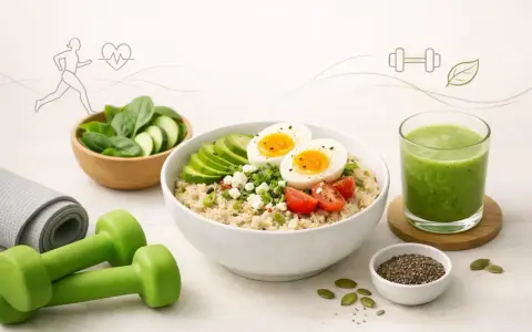 Zdrowa dieta owsiankowa: owsianka z jajkiem, awokado i pomidorkami, zielony koktajl, sałatka i hantle. Idealny posiłek dla aktywnych.