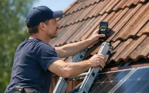 Installatör på taket kontrollerar solpanelernas solvinkel med en app på mobilen.