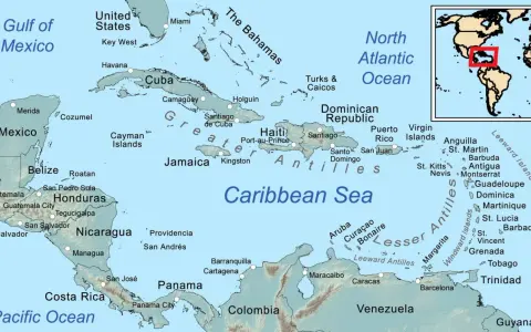 Mapa Karaibów: duża wyspa obok Kuby to Haiti, z Dominikaną i Jamajką.