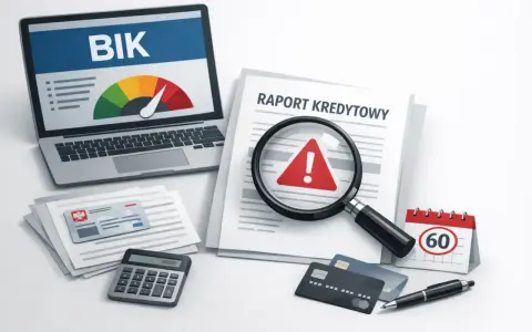 Raport kredytowy z BIK, lupa z wykrzyknikiem, kalkulator i karty płatnicze. Jak usunąć dane z długi info?