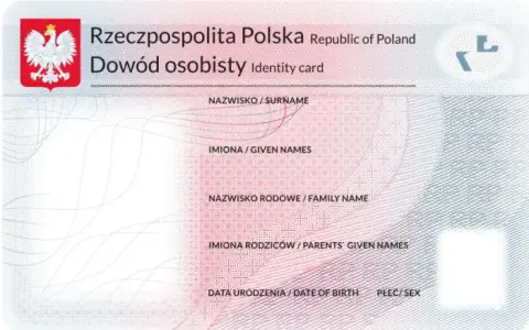 Wniosek o dowód osobisty - wzór polskiego dokumentu tożsamości z danymi: nazwisko, imiona, nazwisko rodowe, imiona rodziców, data urodzenia, płeć.