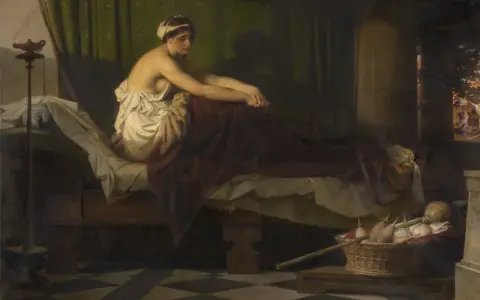 Smutna Penelopa, żona Odyseusza, czeka na powrót męża. W koszu leżą motki wełny, symbol jej cierpliwości i wierności.