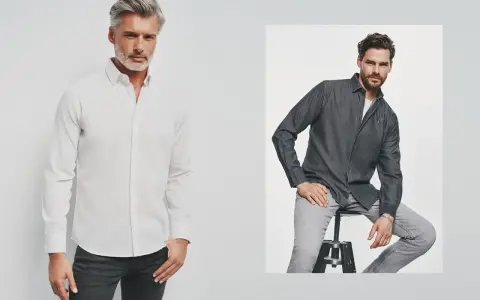 Mężczyźni w koszulach. Biała koszula slim fit podkreśla sylwetkę, szara wygląda swobodnie.