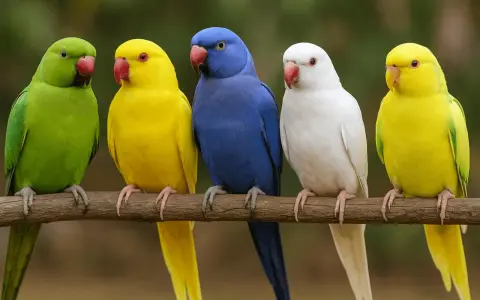 Cinque parrocchetti dal collare dai colori vivaci: verde, giallo, blu, bianco e giallo, siedono su un ramo.