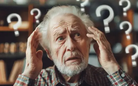 Starszy mężczyzna zdezorientowany, trzymający się za głowę. Wokół unoszą się znaki zapytania, symbolizujące **alzheimer objawy** i utratę pamięci.