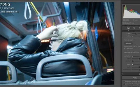 Kobieta w czarnej kurtce siedzi w autobusie, poprawiając włosy. Widać suwaki redukcji szumów w programie do edycji zdjęć.