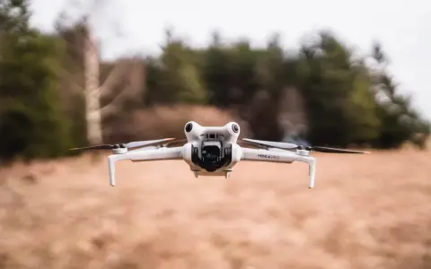 Eine weiße Drohne A3, Modell Mini 4 Pro, schwebt über trockenem Gras. Im Hintergrund verschwimmen Bäume und eine bewölkte Himmel.