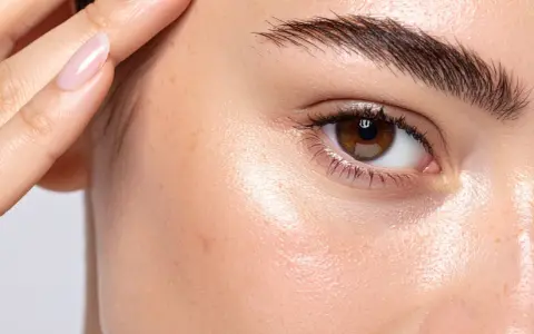 Gros plan sur un œil et un sourcil, la peau présente des taches et des cernes creuses, une main effleure le front.