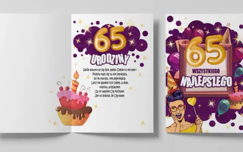 Mądre życzenia na 65 urodziny. Kolorowe kartki z tortem, balonami i życzeniami "Wszystkiego Najlepszego".