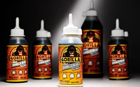 Several bottles of Gorilla Glue are displayed. The front bottle shows "how much weight can Gorilla Glue hold" is a question answered by its "Incredibly Strong" bond.