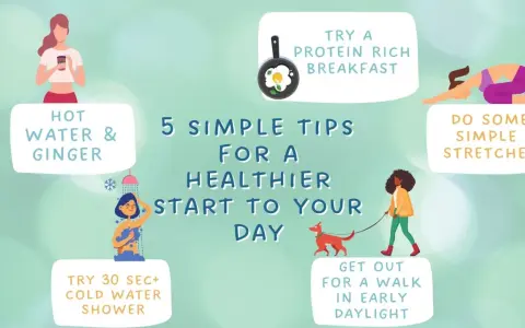 5 simple tips for a healthier start to your day: hot water & ginger, protein breakfast, stretches, cold shower, and a walk in daylight.