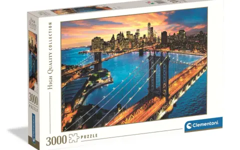 Puzzle 3000 wymiary: nocny widok Manhattanu z mostami i drapaczami chmur w zachodzącym słońcu.