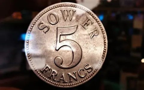 Une pièce de **5 francs 1994** en gros plan, avec le chiffre 5 et l'inscription "FRANCS" bien visibles.