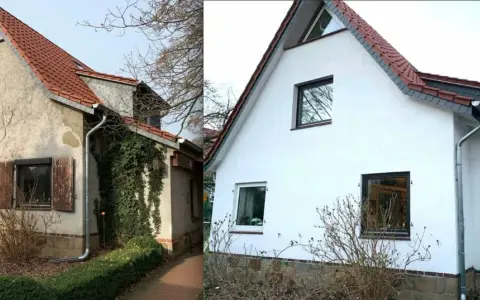 Vorher-Nachher-Vergleich: Altes Haus mit verputzter Fassade und neu verputztes Haus. Die Fassade verputzen Kosten sind hier gut sichtbar.