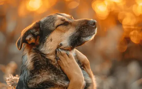 Un chien se gratte le cou, le soleil couchant illumine son pelage. Il a peut-être besoin d'un dermatologue chien.