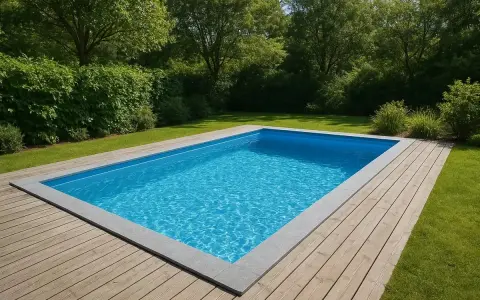 En inbjudande pool med klart blått vatten, omgiven av en träaltan och grönskande träd. Cellplast under poolen ger stabilitet och isolering.