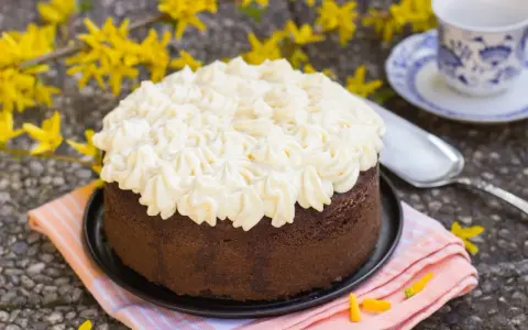 Gâteau au chocolat garni d'une chantilly aérienne, préparée avec de la gélatine en feuille pour une texture parfaite.