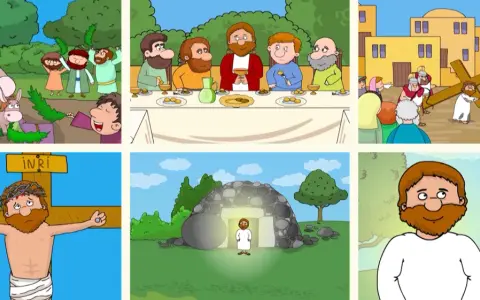Bilder zeigen den Einzug in Jerusalem, das letzte Abendmahl, die Kreuzigung und die **Wiederauferstehung Jesu** aus dem Grab.