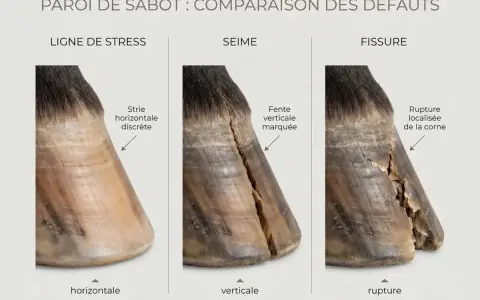 Comparaison des défauts de la paroi de sabot : ligne de stress (horizontale), seime (verticale) et fissure (rupture).