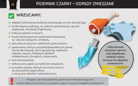 Co wrzucać do zmieszanych? Odpady kuchenne, higieniczne, zabrudzone opakowania, styropian, zatłuszczony papier i inne, które nie mają dedykowanego pojemnika.