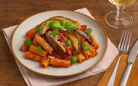 Pasta alla Norma mit Auberginen, Tomatensauce und Basilikum auf einem Teller, garniert mit Parmesan.