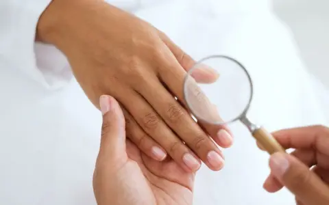 Esame ravvicinato di un'unghia con lente d'ingrandimento, per escludere infezioni come la pseudomonas unghia.