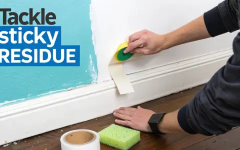 Learn how to get adhesive off wall with this guide. A hand uses a sponge to remove tape residue from a painted wall.