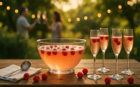 Un grand bol de soupe de champagne rose avec des framboises flotte sur une table en bois. Quatre flûtes à champagne remplies de la même boisson pétillante sont alignées.