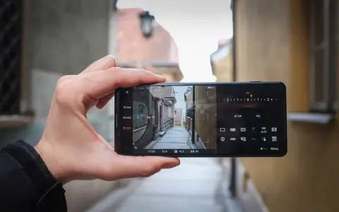 Dłoń trzyma smartfon Sony Xperia Pro i, kadrując wąską uliczkę. Widoczne ustawienia aparatu.