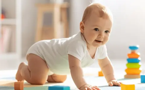 Bebé de 3 meses gateando, rodeado de bloques de colores y un apilador de aros, ideal para estimular su desarrollo.