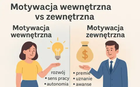 Ilustracja porównuje motywację wewnętrzną (rozwój, sens pracy, autonomia) z zewnętrzną (premie, uznanie, awanse), pokazując różne sposoby motywowania pracowników.