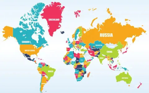Kolorowa mapa świata z nazwami krajów, w tym kontynenty po angielsku: Kanada, USA, Grenlandia, Rosja, Chiny, Indie, Brazylia, Australia.