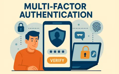 Illustration sur la sécurité numérique : un homme, un smartphone affichant un code et un ordinateur portable avec un cadenas symbolisent l'authentification multi-facteurs.