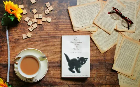 Libro "If Cats Disappeared From The World" con un gattino nero, occhiali, fiori e una tazza di tè. La trama esplora un mondo senza gatti.