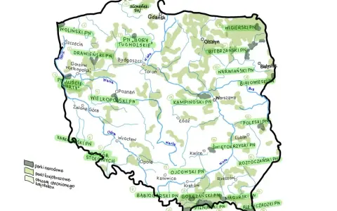 Mapa Polski z zaznaczonymi parkami narodowymi. W sumie jest ich 23, a na mapie widać ich rozmieszczenie.