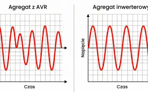 Wykresy porównujące przebieg napięcia w agregacie z AVR (niestabilny) i inwerterowym (stabilny).
