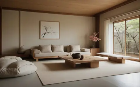 Salón minimalista con muebles de madera de estilo asiático, cojines grandes y una vista al jardín.