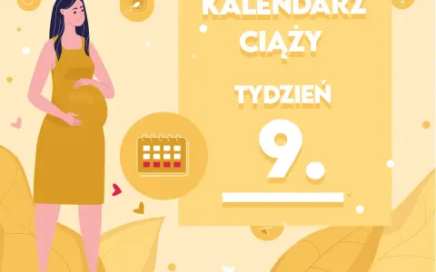Kobieta w 9 tygodniu ciąży, z widocznym brzuszkiem, na tle kalendarza ciąży.