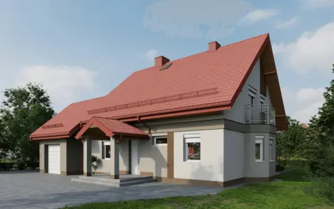 Nowoczesny projekt elewacji domu z czerwonym dachem, garażem i balkonem.