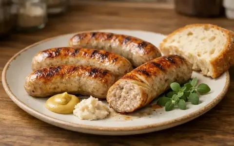 Soczysta kiełbasa z airfryer, idealnie zarumieniona, podana z chlebem, musztardą i chrzanem. Pyszny obiad!