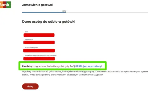 Formularz zamówienia gotówki w mBanku. Wpisz dane odbiorcy, pamiętaj o ograniczeniach dla wypłat, gdy Twój PESEL jest zastrzeżony!
