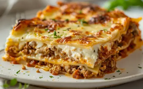 En bit krämig lasagne med köttfärs och bechamelsås, toppad med gyllene ost.
