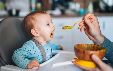 Ein Baby sitzt im Hochstuhl und bekommt von einer Hand mit einem Löffel Babybrei mit Fleisch gefüttert.