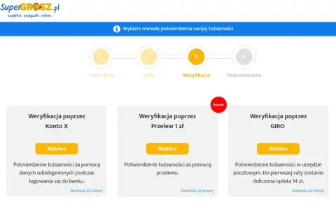 SuperGrosz.pl: wybierz metodę weryfikacji tożsamości, np. przelew 1 zł. Ułatwia to supergrosz wcześniejsza spłata.