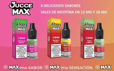 Tres botellas de e-juice Juccé Max con sabores Chicle de Menta, Mango y Fresa, y Fresa y Melón.