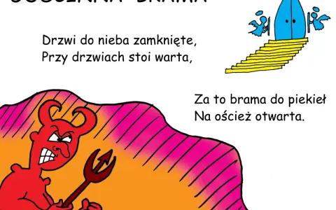 Ilustracja z diabłem i bramą do nieba, kontrastująca z otwartą bramą do piekła.