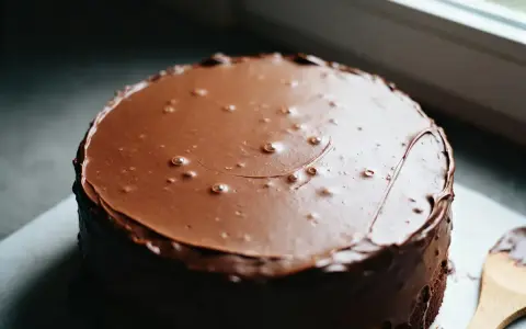 Gâteau rond recouvert d'un glacage chocolat noir brillant, avec quelques bulles d'air.