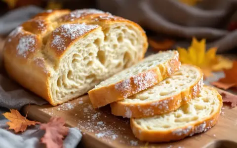 Pain viennois moelleux, saupoudré de sucre glace, coupé en tranches sur une planche en bois, avec des feuilles d'automne en arrière-plan.