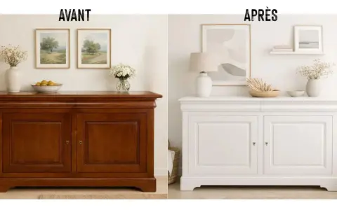 Avant/après : un meuble Louis Philippe brun transformé en blanc éclatant. Quelle couleur avec meuble Louis Philippe ? Le blanc lui donne une nouvelle vie !